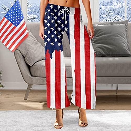 4 de julho de ioga calças para mulheres casuais verão petiscos largos calças de perna larga listras de bandeira dos EUA