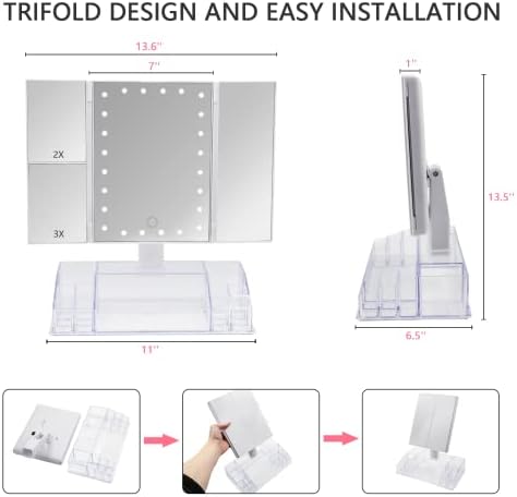 Espelho de maquiagem com trifold de vida real com 24 luzes LED e organizador de cosméticos, espelho de vaidade portátil