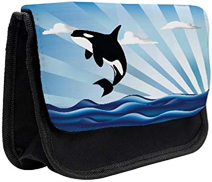 Caixa de lápis de baleia lunarável, orca pulando para nuvens, bolsa de lápis de caneta com zíper duplo, 8,5 x 5,5, azul preto e branco