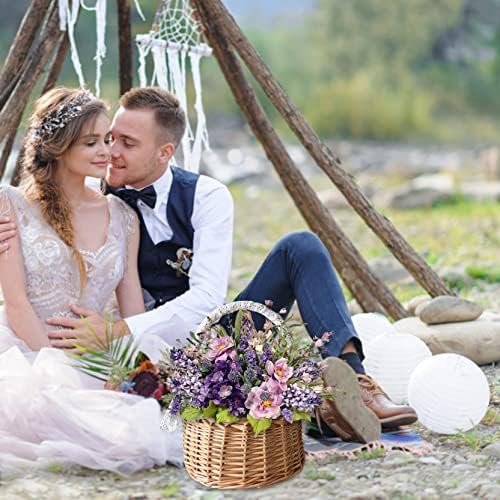 Conjunto de cestas de feminino de flor de casamento, cesta de flores de vime com alça, cesta de armazenamento de tecido com alça