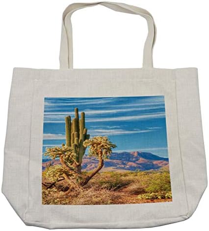 Bolsa de compras de Cactus de Ambesonne, foto da paisagem com plantas montanhas majestosas de botânica e céu, bolsa reutilizável ecológica