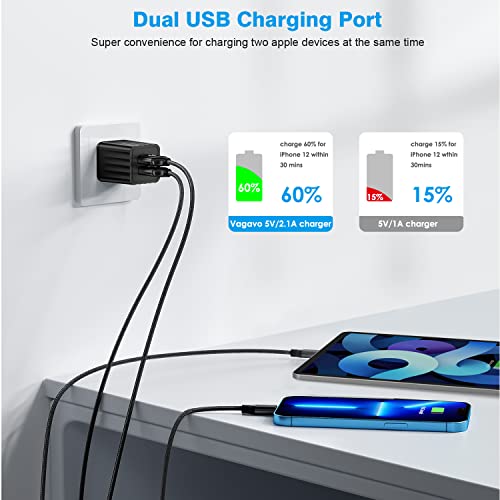 iPhone Fast Charger, carregador de parede de dupla porta de 2pack com carregamento rápido de 6,6 pés de comprimento USB trançado de