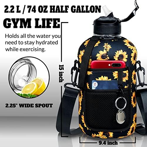 Saniwu 1/2 garrafa de água de meio galão com palha de manga e portador de telefone Gym 2L Girlower Print Hydro Jug for Women Workout