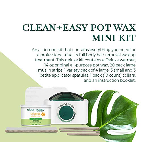 Clean + Easy Pot Wax Mini Kit com DeLuxe mais quente, cera de fórmula original, tiras de musselina, acessórios de depilação,