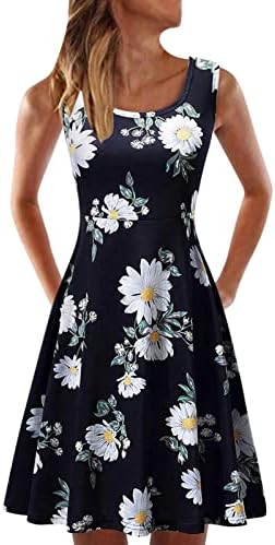 Plantas sem mangas de verão feminino, vestido de camiseta de camiseta casual de pescoço de cintura alta mini vestidos boho vestidos