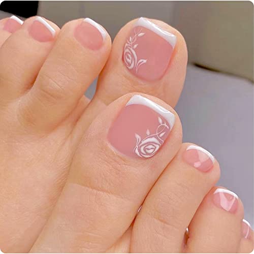 2pack dicas brancas francesas Pressione as unhas dos pés quadrados curtos quadrados brilhantes Fake ToeMails Toe Press Ons com strass