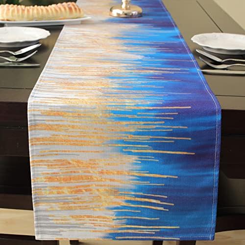 Fereyis Gradient Table Runner 72 polegadas de comprimento para mesa de jantar Branca azul dourado abstrato moderno Art Farmhouse