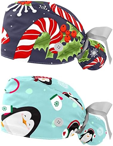 2 PCs Christmas Snowman Nurse Scrub Caps Mulheres cabelos longos Ajusta de amarração Back Skull Skull Hat Tamanho Tampa de trabalho