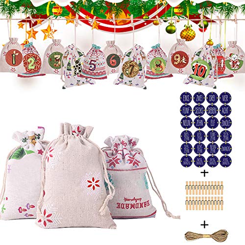 Bolsa de natal calendário de linho de algodão Bolsa de doce de algodão 1-24 Pacote de presentes na parede de decoração