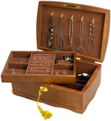 Caixa de jóias de madeira EURIELK com fechadura e chave para mulheres, tamanho médio de madeira de madeira real de madeira travável