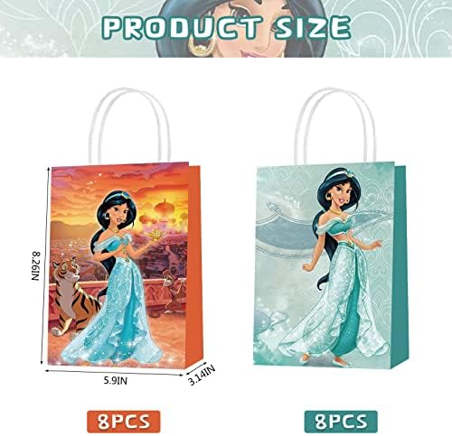 16 PCs Princesa Jasmine Party Paper Gift Sacors, 2 Styles Party Favor Smags com alças para Aladdin e Jasmine Party
