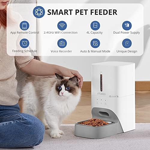 XTUES alimentador de gatos automáticos, Wi -Fi 4L destacável e fácil de limpar o dispensador de alimentos secos de