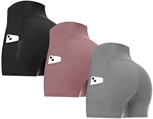 Gayhay 3 pacote shorts de motociclista para mulheres com bolsos - 5 ”de cintura alta ginástica yoga atlética de corrida shorts de