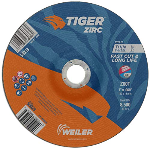 Weiler 58032 6 x .045 Tiger Zirc Tipo 27 Roda de corte Z60T 5/8-11 Unc NUT, pacote de 10