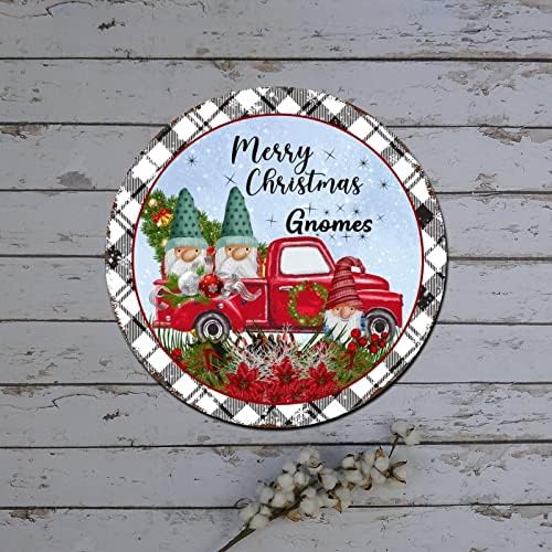 Christmas Wreath Signs Red Truck com gnome Pattern Pattern Design redonda de lata de metal redonda Decorações de parede de