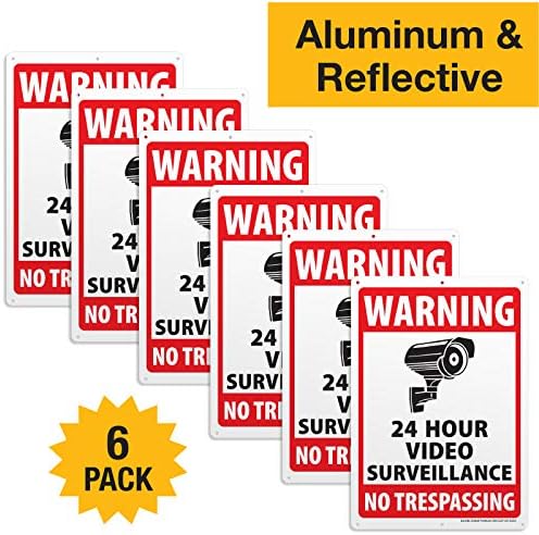 Signo de vigilância por vídeo de 6 pacotes, sinais de metal refletivo de alumínio sem ferrugem, aviso de segurança interno ou
