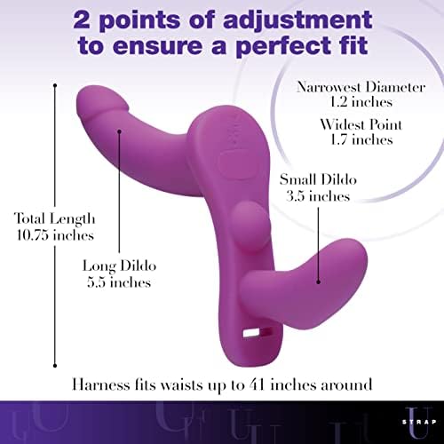 Strap U Double Take 10x Penetração dupla Vibratando cinto de cinta - roxo, arnês se encaixa na cintura até 41 polegadas ao redor