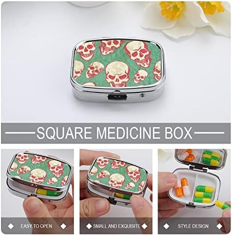 Caixa de pílula quadrada Red Skull Box Caixa Medic Medic Case Organizador para bolsa de bolso e viagem 2.2x1.6in