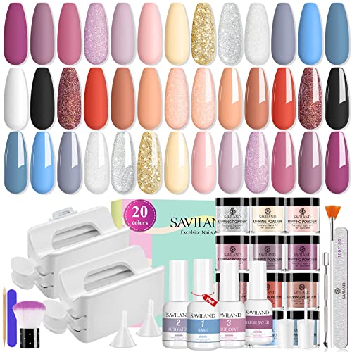 Saviland Dip Powder Nail Kit - 20 Cores Glitter Silver Purple Dip Powder Conjunto de líquido de 15ml DIP com base de capa de Base