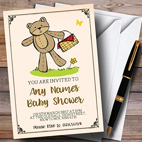 O urso de pelúcia de zoológico de cartas com convites para piquenique convites para chá de bebê