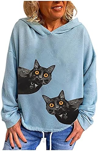 Hoodie de manga longa para mulheres simples pullocatrifação impressa de gato