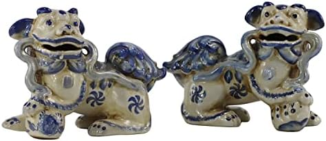 Synwish Porcelain Painted Blue and White Lucky Foo Dog Figurines for Home Décor, Gifts, Conjunto de 2