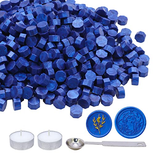 Swangsa 360 peças Kit de miçangas de cera azul marinho metálico com 2 peças de velas de chá e 1 peça de cera Melting Spotle para