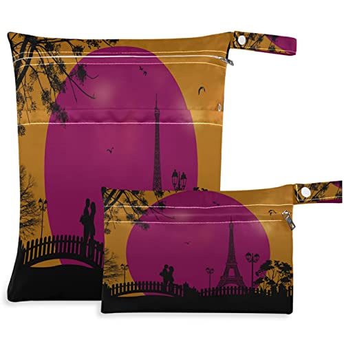VISESUNNY amantes em Paris Sunset 2pcs bolsa molhada com bolsos com zíper para fraldas salateadas reutilizáveis ​​laváveis