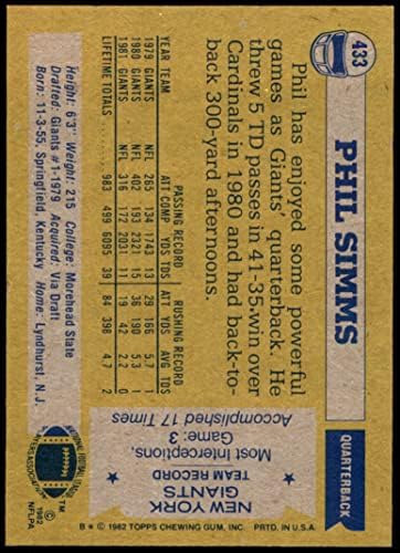1982 Topps 433 Phil Simms New York Giants-Fb NM Giants-FB Morehead St St.