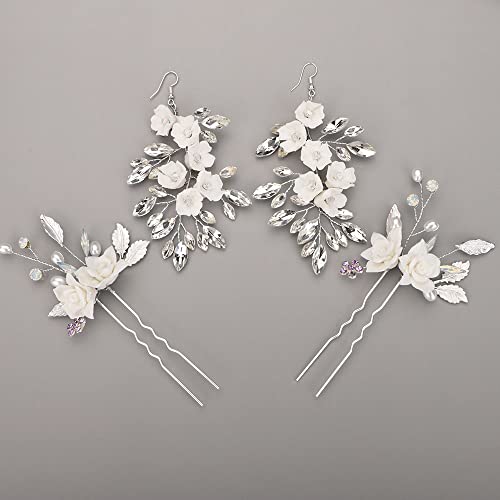 Chargances 4 PCs Casamento Stromestone Pinos de cabelo de flor e brindes Conjunto de noiva Brincos de flores brancas