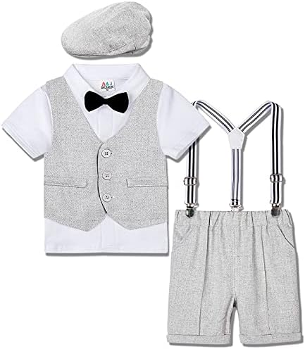 A&J Design Baby Boys Roupfits, 4pcs Camisa de terno Gentleman & Shorts & Vest & Hat