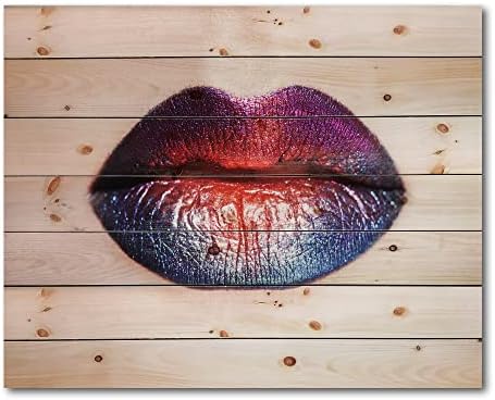 Designq Mulheres lábios com batom multicolorido brilhante Decoração de parede de madeira moderna e contemporânea, arte de parede