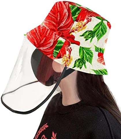 Chapéu de proteção para adultos com escudo facial, chapéu de pescador anti -sun tap, hibiscus tropical de flores vermelhas