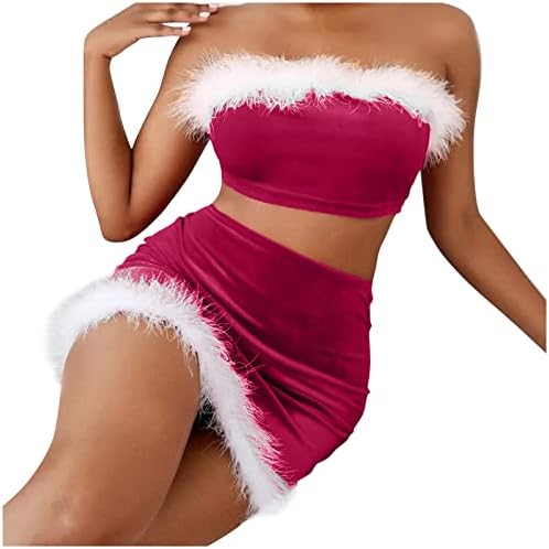 Lingerie de festa de Natal para mulheres Vestido de Bodycon Red Santa Duas peças Velvet Babydolls Chemises Set Bandeau Tube Tube