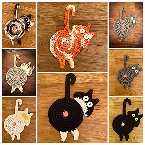 Coasters de bunda de gato, montanhas -russas para bebidas decoração em casa decoração personalizada coantagem de crochê fofa gato de crochê de crochê.