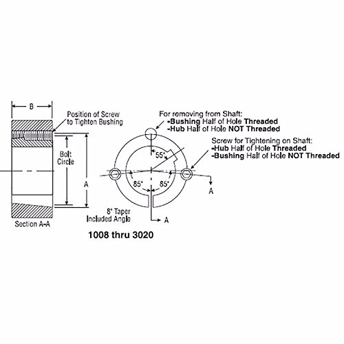 Ametric 3030.55 Bucha de cone, 55 mm, 5/8x1-1/4 fios de parafusos, 4,25 parafusos, 3 profundidade da bucha, 7,4 lbs, 16x10