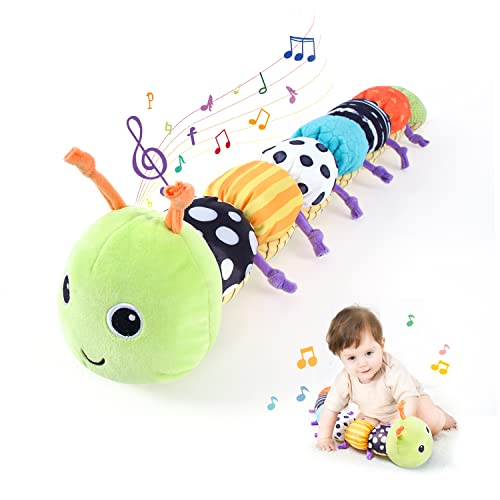 Brinquedos para bebês de 6 a 12 meses, brinquedos infantis de lagarta musical, brinquedos infantis de animais recheados com design de réguas e sino de anel, dobra, chocalho, brinquedos de barriga para meninos recém -nascidos 0 3 6 9 12 meses