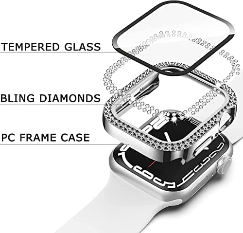 Banda de bling e estojo compatível com banda de relógio Apple 38mm 40mm 41mm 42mm 44mm 45mm, pulseira de metal vestido