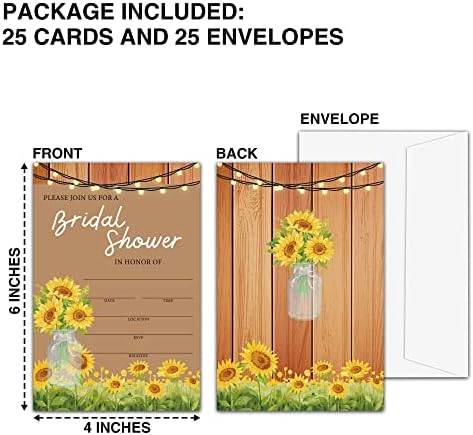 Convites de chuveiro de noiva de jarra de girassol rústicos com envelopes, 25 PCs Boho Floral Blank Infitle