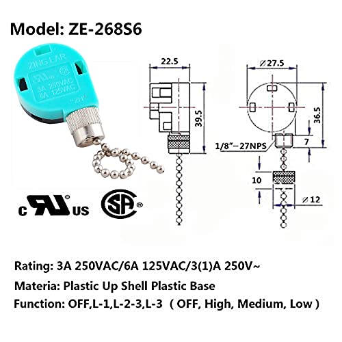 Interruptor do ventilador de teto, 3 velocidades 4 arame Zing Ear Ze-268S6 Pull Chain Chain Switch, interruptor de substituição