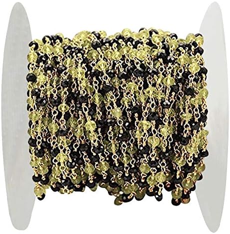Spinel preto de 3 ft com peridoto, miçangas de 3-3,5 mm 24K, corrente de rosário embrulhada em ouro, embrulhada