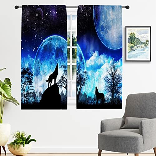 Cortinas de aplauso espacial do AHOPE, floresta de animais lobo galáxia planeta estrela lua estrelada azul céu padrão haste de bolso