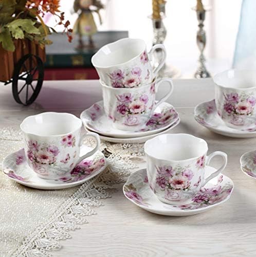 Guangyang China China Copos e pires Conjunto de 6-7ound/200ml - Conjuntos de presentes para adultos - chá de porcelana floral roxa