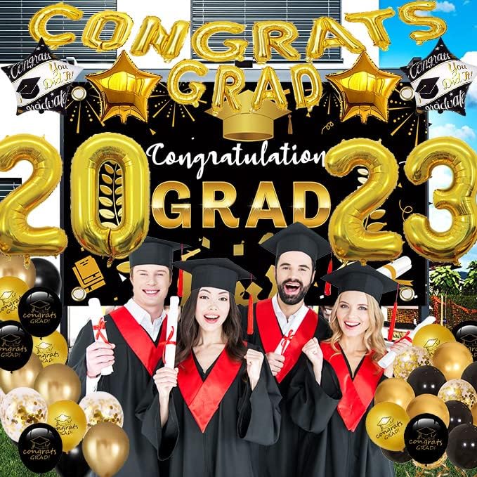 Decorações de graduação Class de 2023 - Festas de festa de formatura em preto e dourado com bandeira de balão de graduação