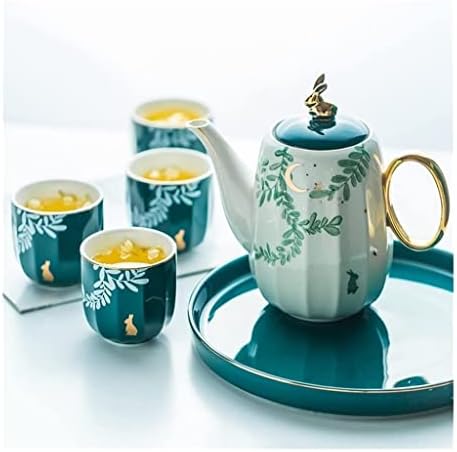 HAVEFUN Kettle Tule Green Pattern Vintage Tea Conjunto inclui 1 bule 4 xícaras 1 bandeja de bule verde