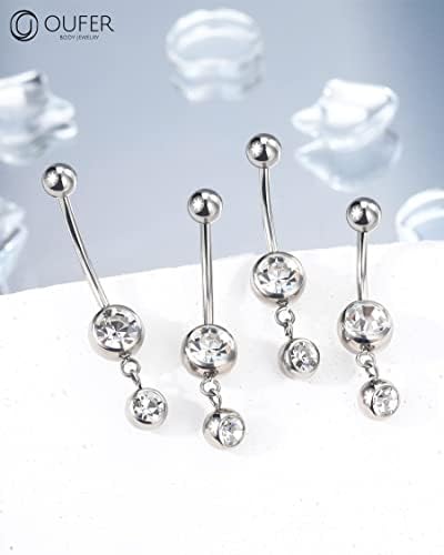 OUFER Dangle Belly Butrine Rings, G23 Solid Titanium Belly Ring, 14g Clear CZ Jóias de piercing de barriga longa, chumbo e anéis