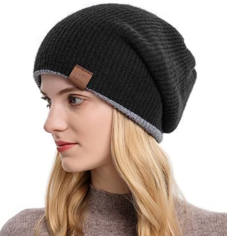 Muryobao Womens reversível chapéu de gorro inverno malha desleixada Chapé