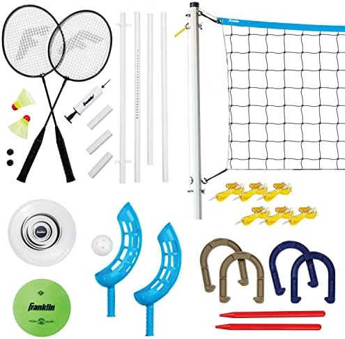 Franklin Sports Fun 5 Combo Combo Outdoor Game Conjunto - Backyard, Beach + Camping Games for Kids - Badminton, Vôlei, Flip Toss,