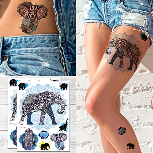 Tattoos temporários do SPEPERB - Mandala Elefante Bohemian Meditação Henna Elephant Head Tattoo