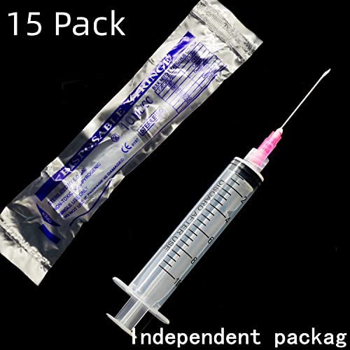 15pack 10ml 10cc Medição de plástico seringas e 18ga para laboratórios científicos, adesivos industriais, injetor de